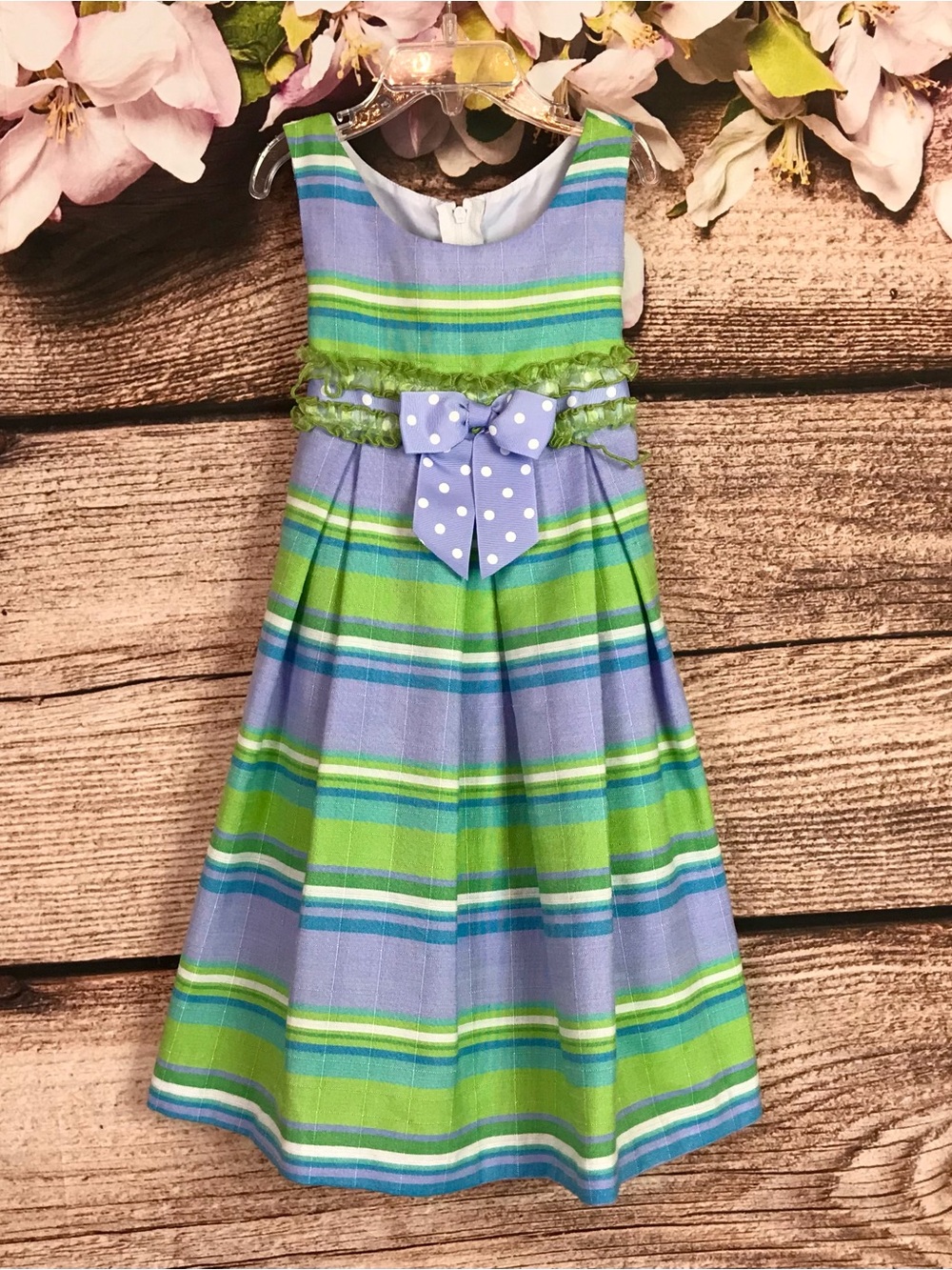 Toddler Girls Green A-Line Bow Zip Up Dress 4Y